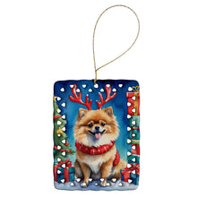 Load image into Gallery viewer, Pomeranian Christmas Reindeer Porcelain Ornament