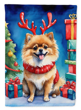 Load image into Gallery viewer, Pomeranian Christmas Garden Flag – Dog in Reindeer Antlers with Tree &amp; Gifts