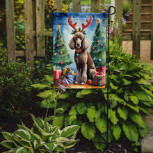 Load image into Gallery viewer, Chocolate Standard Poodle Christmas Garden Flag – Dog in Reindeer Antlers with Tree &amp; Gifts