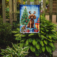 Load image into Gallery viewer, Chocolate Toy Poodle Christmas Garden Flag – Dog in Reindeer Antlers with Tree &amp; Gifts