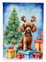 Load image into Gallery viewer, Chocolate Toy Poodle Christmas Garden Flag – Dog in Reindeer Antlers with Tree &amp; Gifts