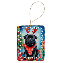 Load image into Gallery viewer, Black Pug Christmas Reindeer Porcelain Ornament