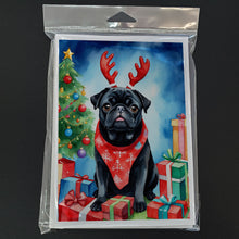 Load image into Gallery viewer, Black Pug Christmas Reindeer Greeting Cards - Blank Note Cards – 8-Pack of Artist-Designed Cards with Envelopes