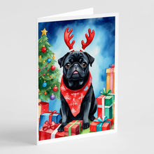 Load image into Gallery viewer, Black Pug Christmas Reindeer Greeting Cards - Blank Note Cards – 8-Pack of Artist-Designed Cards with Envelopes