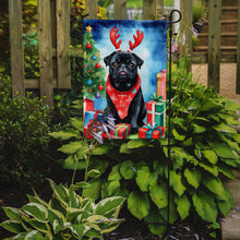 Load image into Gallery viewer, Black Pug Christmas Garden Flag – Dog in Reindeer Antlers with Tree &amp; Gifts