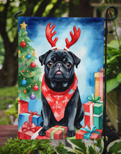 Load image into Gallery viewer, Black Pug Christmas Garden Flag – Dog in Reindeer Antlers with Tree &amp; Gifts