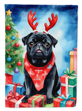 Load image into Gallery viewer, Black Pug Christmas Garden Flag – Dog in Reindeer Antlers with Tree &amp; Gifts