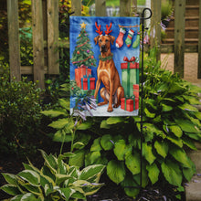 Load image into Gallery viewer, Rhodesian Ridgeback Christmas Garden Flag – Dog in Reindeer Antlers with Tree &amp; Gifts