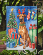 Load image into Gallery viewer, Rhodesian Ridgeback Christmas Garden Flag – Dog in Reindeer Antlers with Tree &amp; Gifts