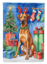 Load image into Gallery viewer, Rhodesian Ridgeback Christmas Garden Flag – Dog in Reindeer Antlers with Tree &amp; Gifts