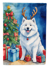 Load image into Gallery viewer, Samoyed Christmas Garden Flag – Dog in Reindeer Antlers with Tree &amp; Gifts