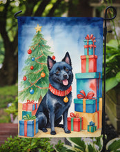 Load image into Gallery viewer, Schipperke Christmas Garden Flag – Dog in Reindeer Antlers with Tree &amp; Gifts