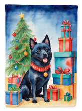 Load image into Gallery viewer, Schipperke Christmas Garden Flag – Dog in Reindeer Antlers with Tree &amp; Gifts