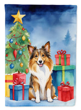 Load image into Gallery viewer, Sheltie Christmas Garden Flag – Dog in Reindeer Antlers with Tree &amp; Gifts