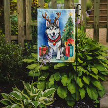 Load image into Gallery viewer, Siberian Husky Christmas Garden Flag – Dog in Reindeer Antlers with Tree &amp; Gifts