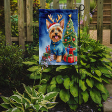 Load image into Gallery viewer, Silky Terrier Christmas Garden Flag – Dog in Reindeer Antlers with Tree &amp; Gifts