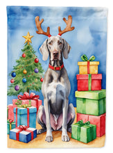 Load image into Gallery viewer, Weimaraner Christmas Garden Flag – Dog in Reindeer Antlers with Tree &amp; Gifts