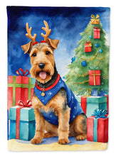 Load image into Gallery viewer, Welsh Terrier Christmas Garden Flag – Dog in Reindeer Antlers with Tree &amp; Gifts