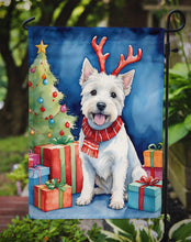 Load image into Gallery viewer, Westie Christmas Garden Flag – Dog in Reindeer Antlers with Tree &amp; Gifts