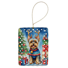 Load image into Gallery viewer, Yorkshire Terrier Yorkie Christmas Reindeer Porcelain Ornament