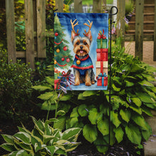 Load image into Gallery viewer, Yorkshire Terrier Yorkie Christmas Garden Flag – Dog in Reindeer Antlers with Tree &amp; Gifts