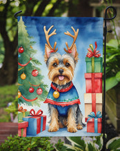 Load image into Gallery viewer, Yorkshire Terrier Yorkie Christmas Garden Flag – Dog in Reindeer Antlers with Tree &amp; Gifts