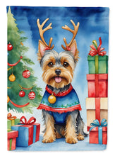 Load image into Gallery viewer, Yorkshire Terrier Yorkie Christmas Garden Flag – Dog in Reindeer Antlers with Tree &amp; Gifts