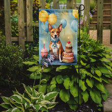 Load image into Gallery viewer, Basenji Happy Birthday Garden Flag – Dog Birthday Cupcake Yard Decor with Balloons