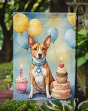 Load image into Gallery viewer, Basenji Happy Birthday Garden Flag – Dog Birthday Cupcake Yard Decor with Balloons
