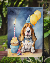 Load image into Gallery viewer, Basset Hound Happy Birthday Garden Flag – Dog Birthday Cupcake Yard Decor with Balloons