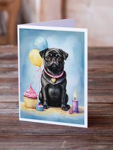 Load image into Gallery viewer, Black Pug Happy Birthday Greeting Cards - Blank Note Cards – 8-Pack of Artist-Designed Cards with Envelopes