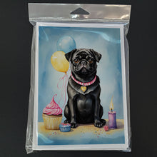Load image into Gallery viewer, Black Pug Happy Birthday Greeting Cards - Blank Note Cards – 8-Pack of Artist-Designed Cards with Envelopes