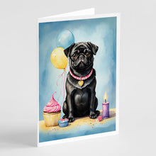 Load image into Gallery viewer, Black Pug Happy Birthday Greeting Cards - Blank Note Cards – 8-Pack of Artist-Designed Cards with Envelopes