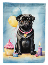 Load image into Gallery viewer, Black Pug Happy Birthday Garden Flag –Dog Birthday Cupcake Yard Decor with Balloons