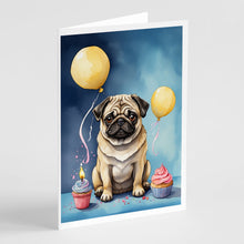 Load image into Gallery viewer, Pug Happy Birthday Greeting Cards - Blank Note Cards – 8-Pack of Artist-Designed Cards with Envelopes