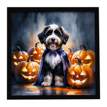 Load image into Gallery viewer, Bernedoodle Puppy Halloween Framed Metal Print