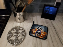 Load image into Gallery viewer, Bernedoodle Puppy Halloween Pair of Pot Holders