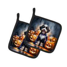 Load image into Gallery viewer, Bernedoodle Puppy Halloween Pair of Pot Holders