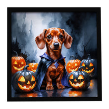 Load image into Gallery viewer, Red Dachshund Puppy Halloween Framed Metal Print