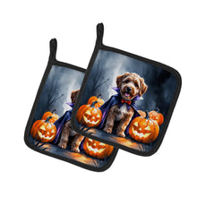 Load image into Gallery viewer, Chocolate Labradoodle Puppy Halloween Pair of Pot Holders