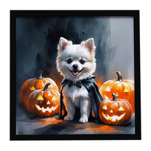 Load image into Gallery viewer, White Pomeranian Puppy Halloween Framed Metal Print