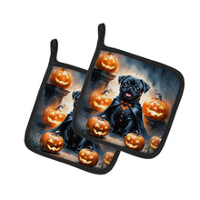 Load image into Gallery viewer, Black Pug Puppy Halloween Pair of Pot Holders