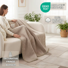 Load image into Gallery viewer, DaDa Bedding Elegant Fringed Cotton Quilted Throw Blanket - Luxurious Solid Soft Paisley Pattern, Cozy Lightweight Lap Throw, Perfect for Couch or Bed, Neutral Sandy Taupe Tan Beige, 50x60 Inches