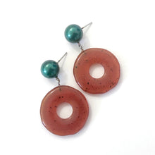 Load image into Gallery viewer, Carnelian Dark Amber &amp; Green Pearl Donut Drop Earrings