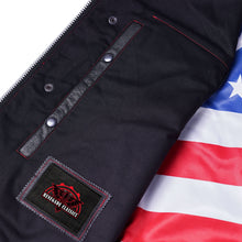 Load image into Gallery viewer, Men's Banded Collar leather Vest with USA Flag Lining &amp; Red Stitching