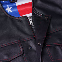 Load image into Gallery viewer, Men's Banded Collar leather Vest with USA Flag Lining &amp; Red Stitching