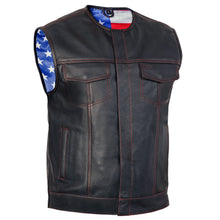 Load image into Gallery viewer, Men's Banded Collar leather Vest with USA Flag Lining &amp; Red Stitching