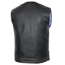 Load image into Gallery viewer, Men's Banded Collar leather Vest with USA Flag Lining &amp; Red Stitching