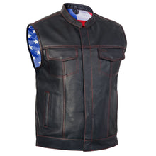 Load image into Gallery viewer, Mens's Leather Motorcycle Vest with Scoop Collar &amp; USA Flag
