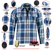 Load image into Gallery viewer, Alpha Check Men's  Armored Motorcycle Flannel Shirt - Blue/White/Maroon
